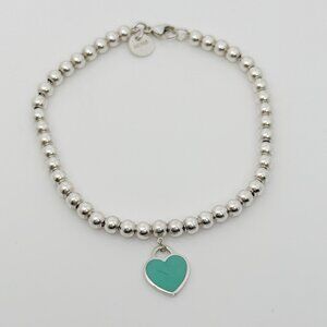 Small 7" Return to Tiffany Blue Enamel Heart Tag Bead Charm Bracelet